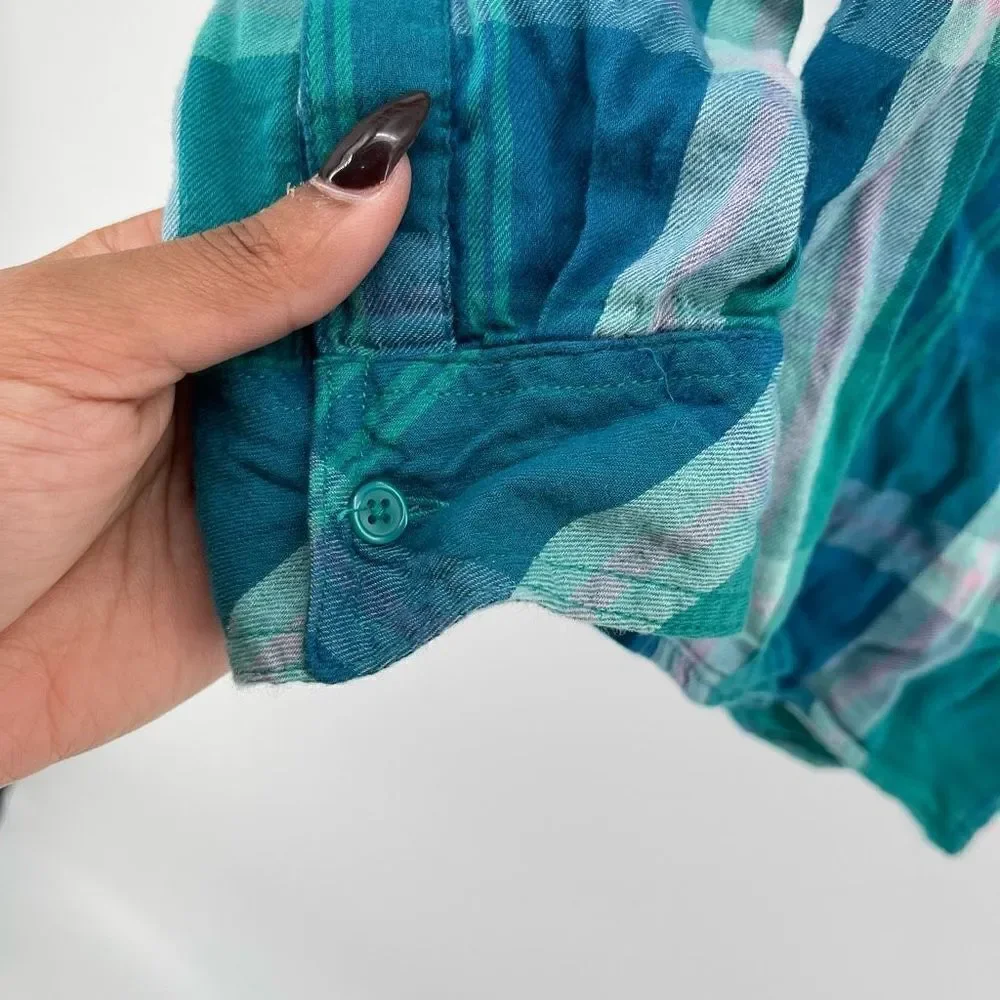 Arizona Jean Co Girl’s Green Pink Cotton Modal Plaid Button Front Top XL 16